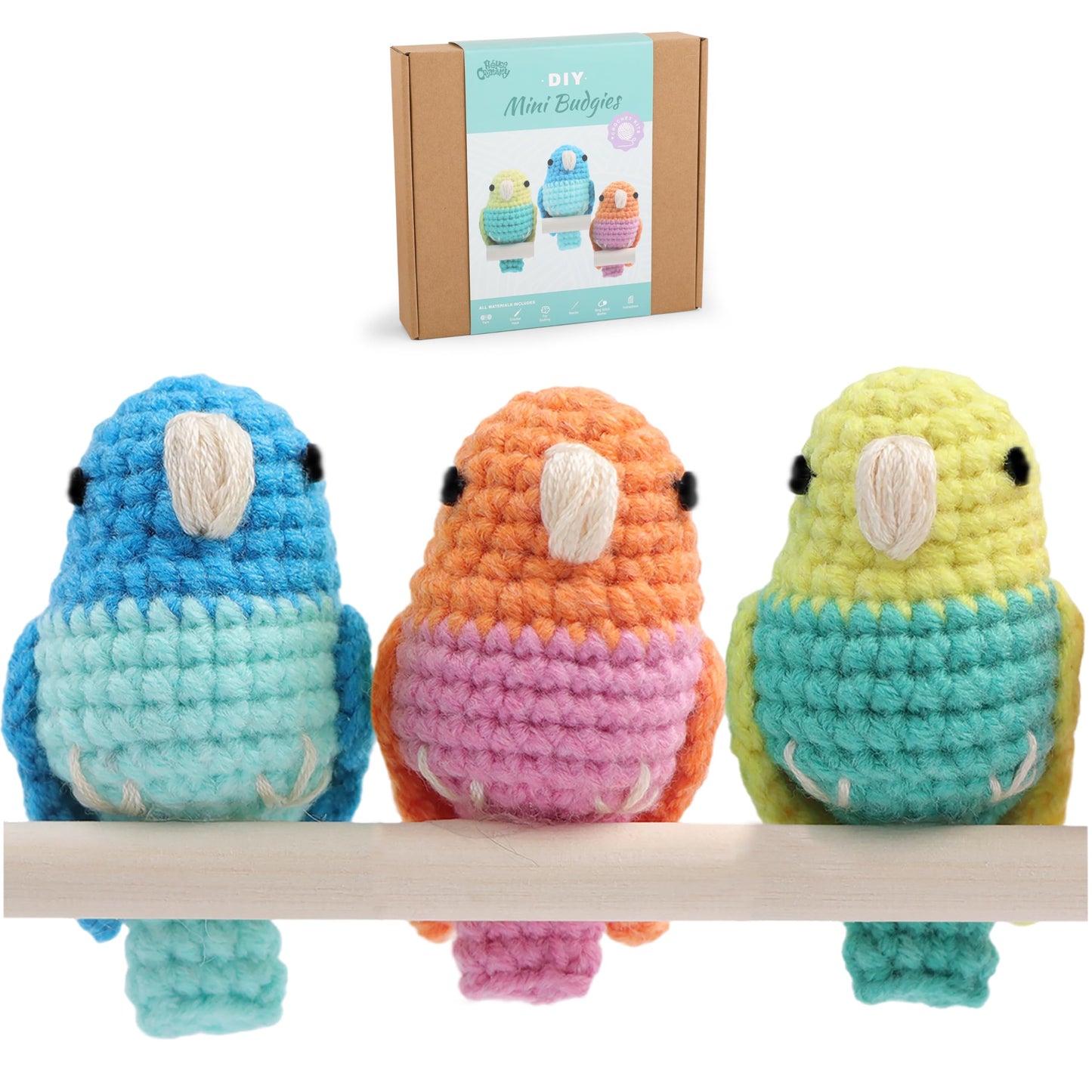 HOUSE CREATIVITY Crochet Kit for Beginners, Make 3 Mini Budgie Birds, Amigurumi Crochet Starter Kit with Step-by-Step Video Tutorial, Yarn, Hook, Eyes & Stuffing, DIY Craft Kit Gift for Adults