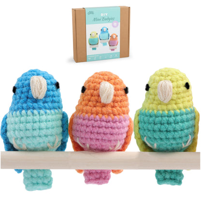 HOUSE CREATIVITY Crochet Kit for Beginners, Make 3 Mini Budgie Birds, Amigurumi Crochet Starter Kit with Step-by-Step Video Tutorial, Yarn, Hook, Eyes & Stuffing, DIY Craft Kit Gift for Adults