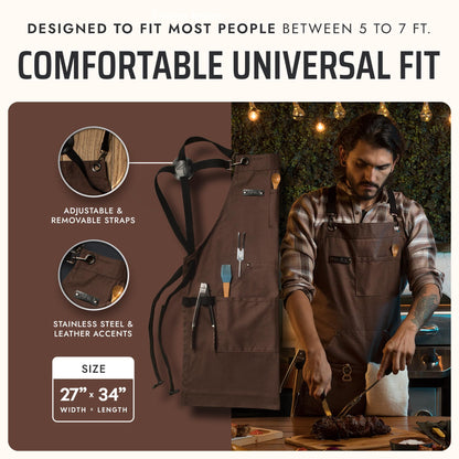 Asaya Chef & BBQ Apron with Pockets - Cross Back Canvas Cooking Apron for Women and Men, Adjustable Work & Grilling Aprons with Pocket, Bottle Opener and Hand Towel, 10oz Cotton Canvas (Brown)