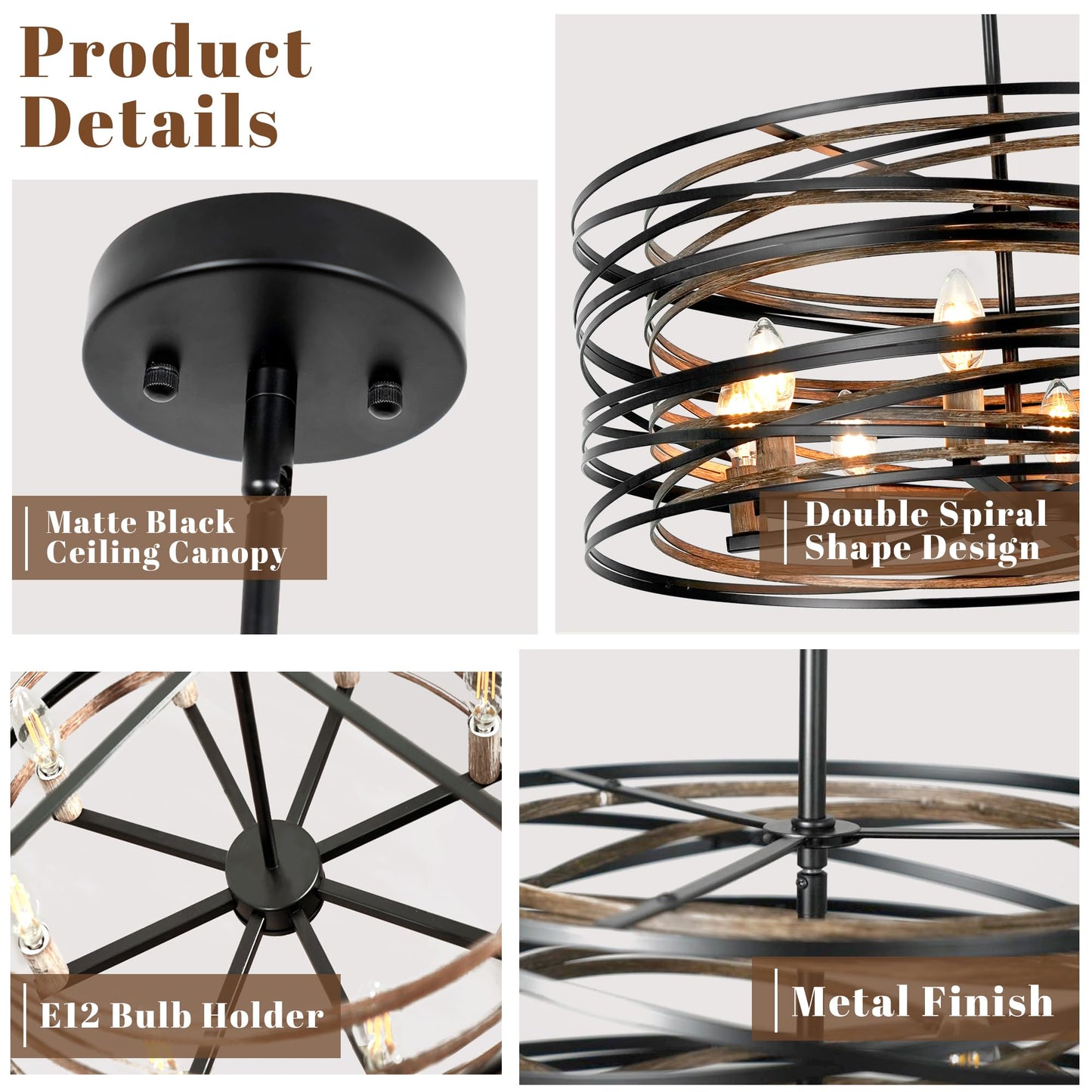 Black Farmhouse Chandelier,8 Lights Rustic Farmhouse Dining Room Light Fixture 23.6" Wood Grain Metal Modern Chandelier Rustic Large Kitchen Chandelier for Entryway Foyer