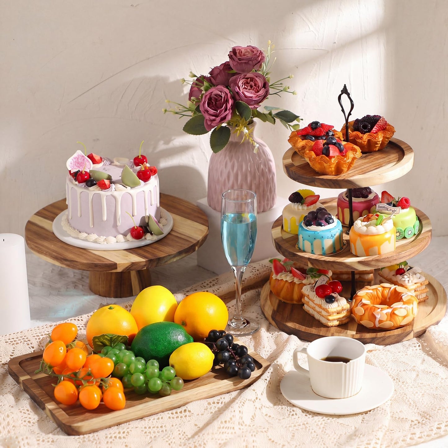 RattanView 7 Pcs Wood Dessert Table Display Set Wooden 3 Tie Cupcake Stands Rustic Round Cake Stand Wood Dessert Serving Trays for Wedding Baby Shower Birthday Tea Party(Brown)