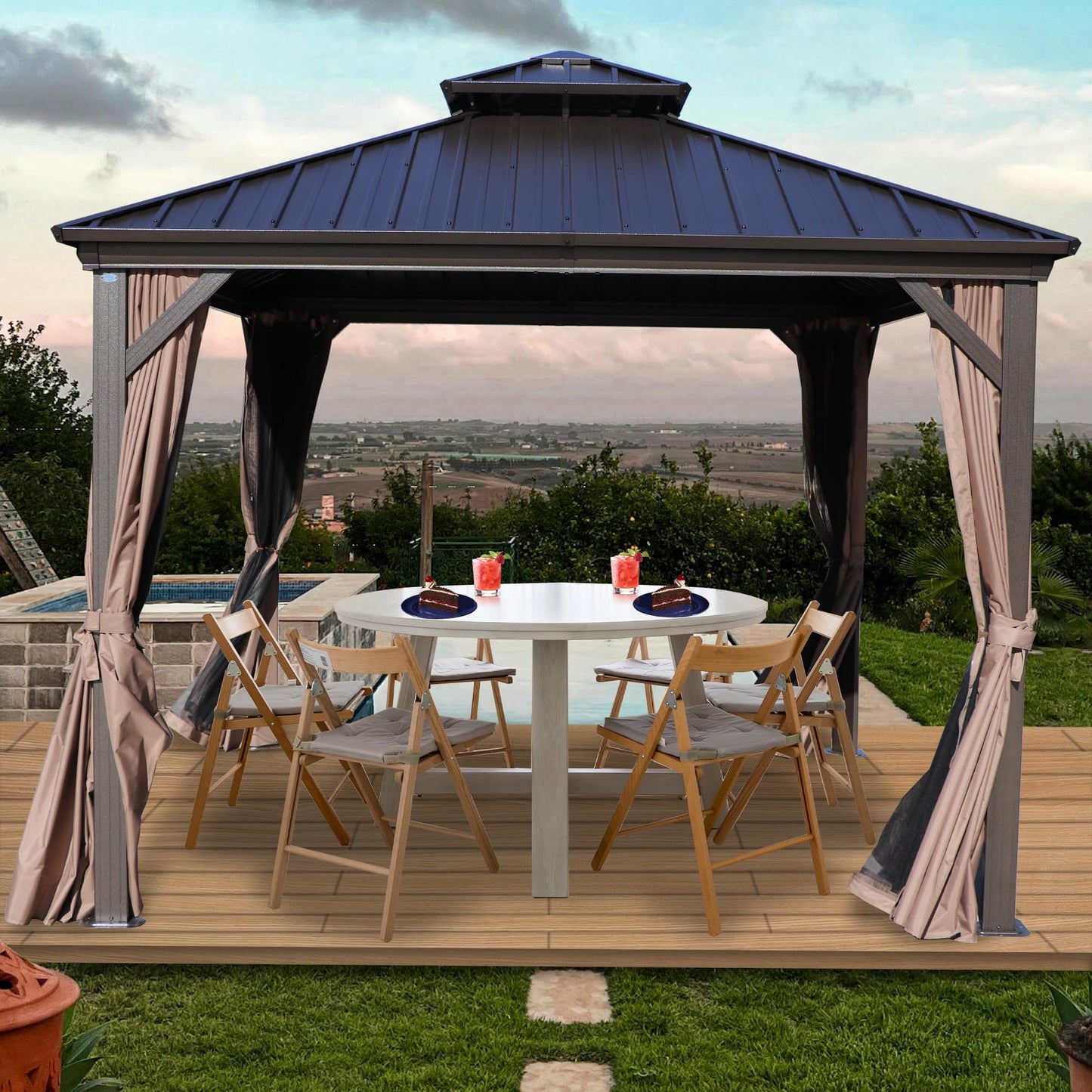 Kozyard Caesar 10'x10' Hardtop Gazebo - Permanent Metal Pavilion with Netting and Shaded Curtains for Patio, Backyard, and Deck - Galvanized Steel Outdoor Aluminum Canopy, Double Roof Gazebo (Brown)