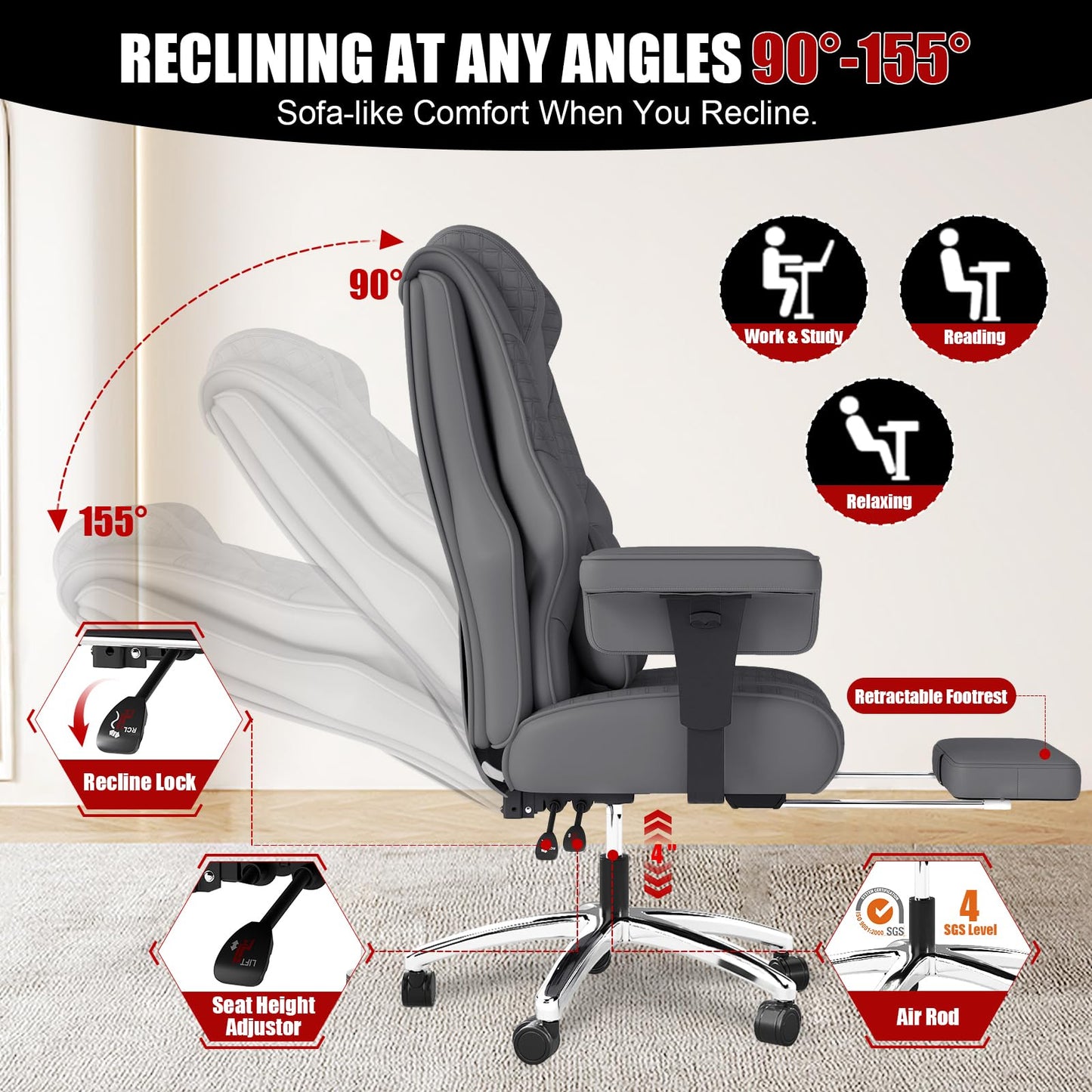 400lbs Big and Tall Office Chair, Wide Ergonomic Leather Executive Chair for Heavy People with Foot Rest, High-Back Reclining Computer Chair with Swivel Wheels and Lumbar Support (Gray)