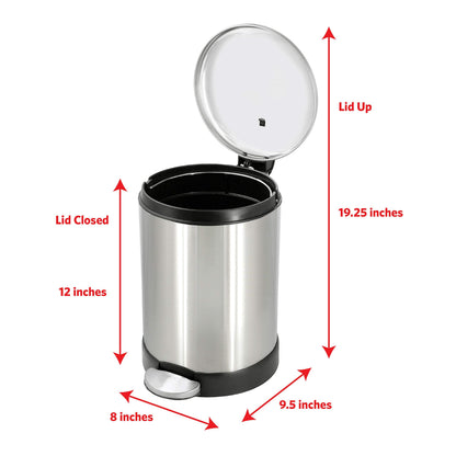 Glad Small Trash Can, 1.2 Gallon | Round Stainless Steel Garbage Bin with Soft Close Lid & Step Foot Pedal | Metal Waste Basket with Removable Inner Bucket, Stainless, 8 x 9.5 x 12 inches