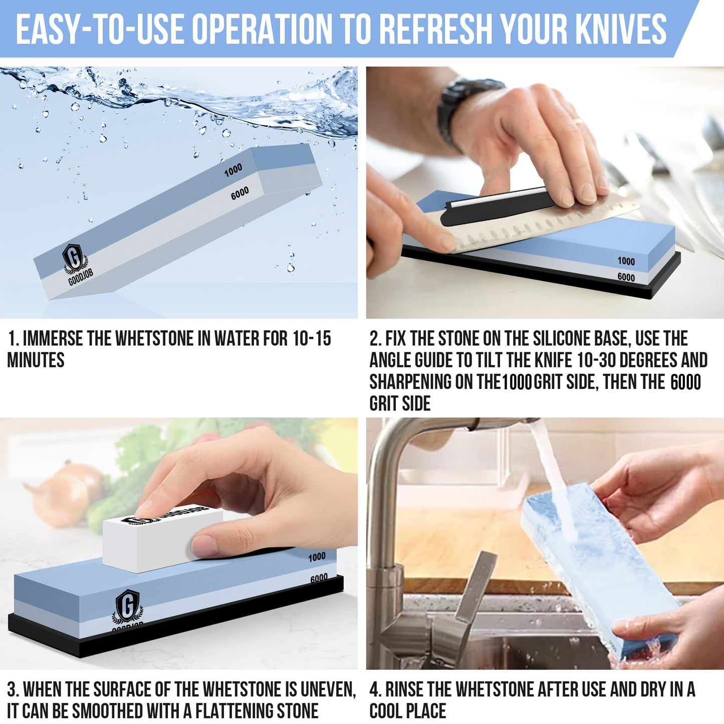 Knife Sharpening Stone Kit - Goodjob Premium Japanese Whetstone Knife Sharpener Stone Set - Dual Grit 1000/6000 Water Stones with Non-Slip Silicone Base, Angle Guide, Flattening Stones