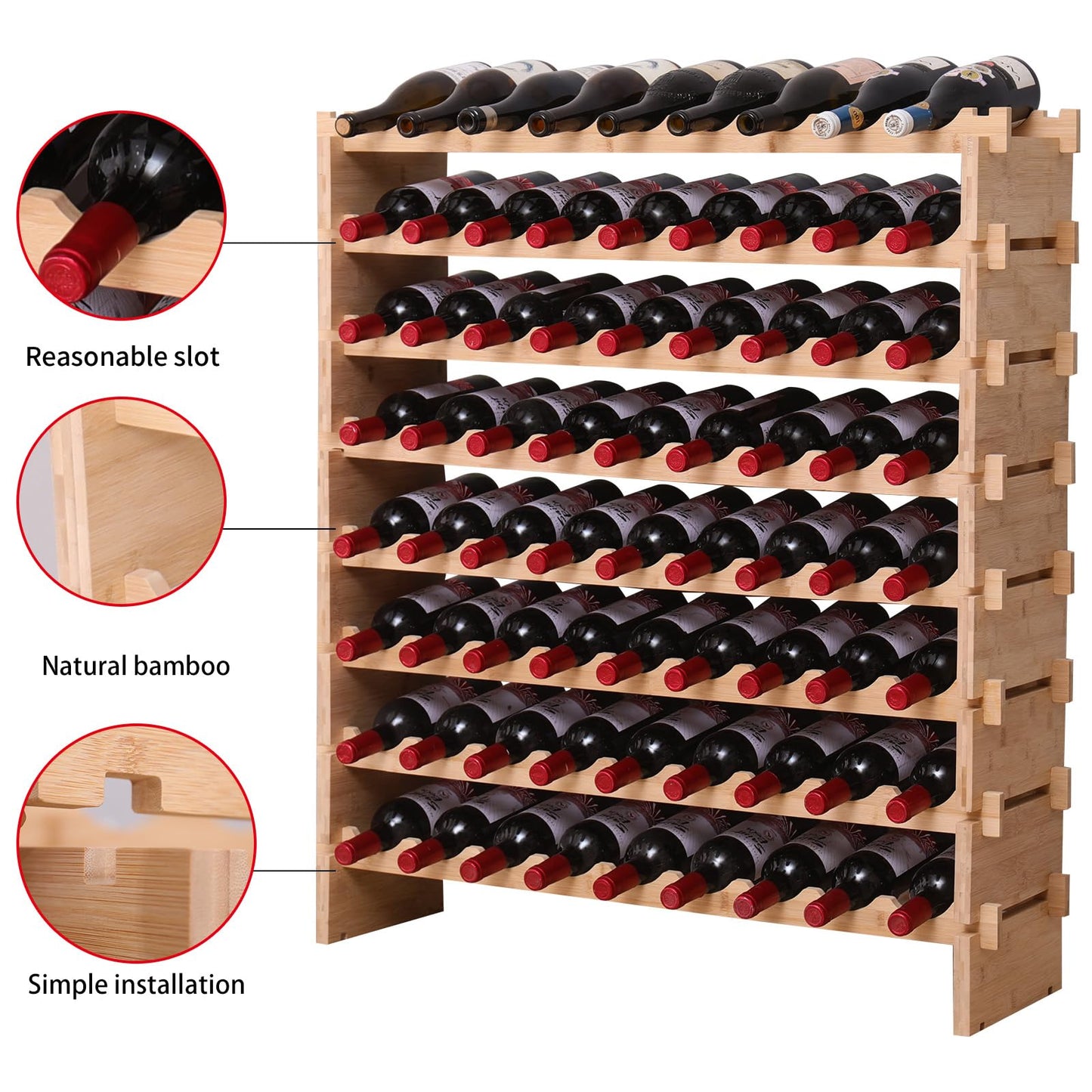 FDHUIJIA 72 Bottle Stackable Storage Modular Wine Rack Cabinet Bamboo freestanding Floor Wine Holder Display Shelves