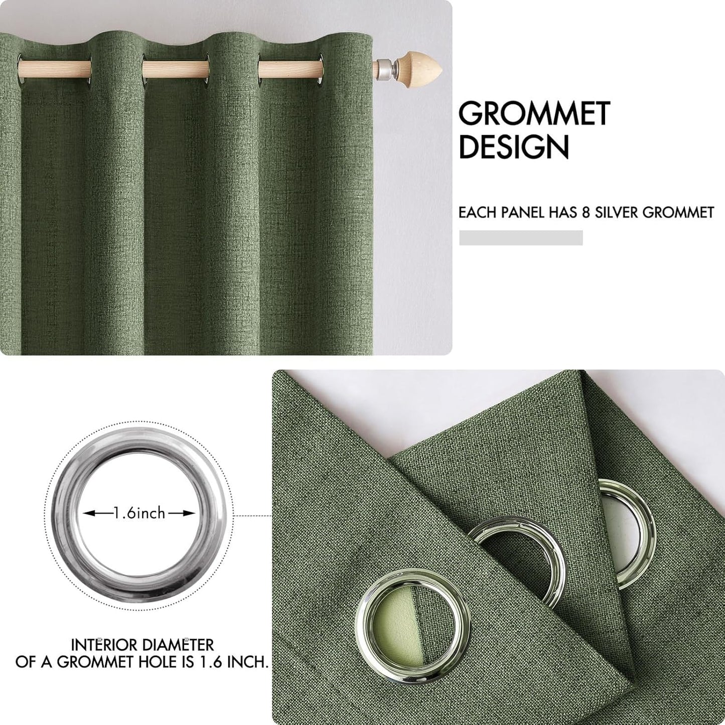 MIULEE 100% Blackout Linen Textured Curtains - Olive Green Thermal Insulated Drapes | 52 x 45 Inch (2 Panels)