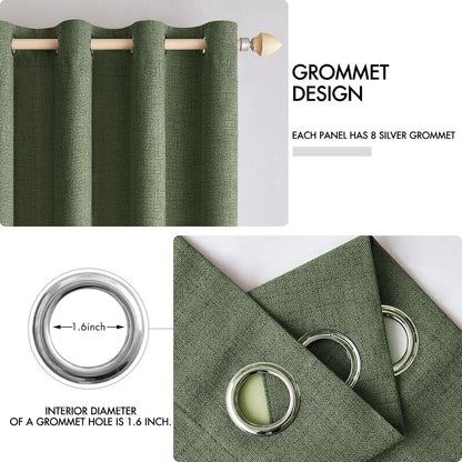 MIULEE 100% Blackout Linen Textured Curtains - Olive Green Thermal Insulated Drapes | 52 x 45 Inch (2 Panels)