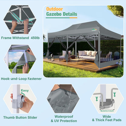 COBIZI 10x20 Canopy Tent, Heavy Duty Pop up Canopy with Sidewalls, Waterproof Easy Setup Canopy with Mosquito Netting, Outdoor Instant Screen Tents for Parties, Wedding with Roller Bag, Gray