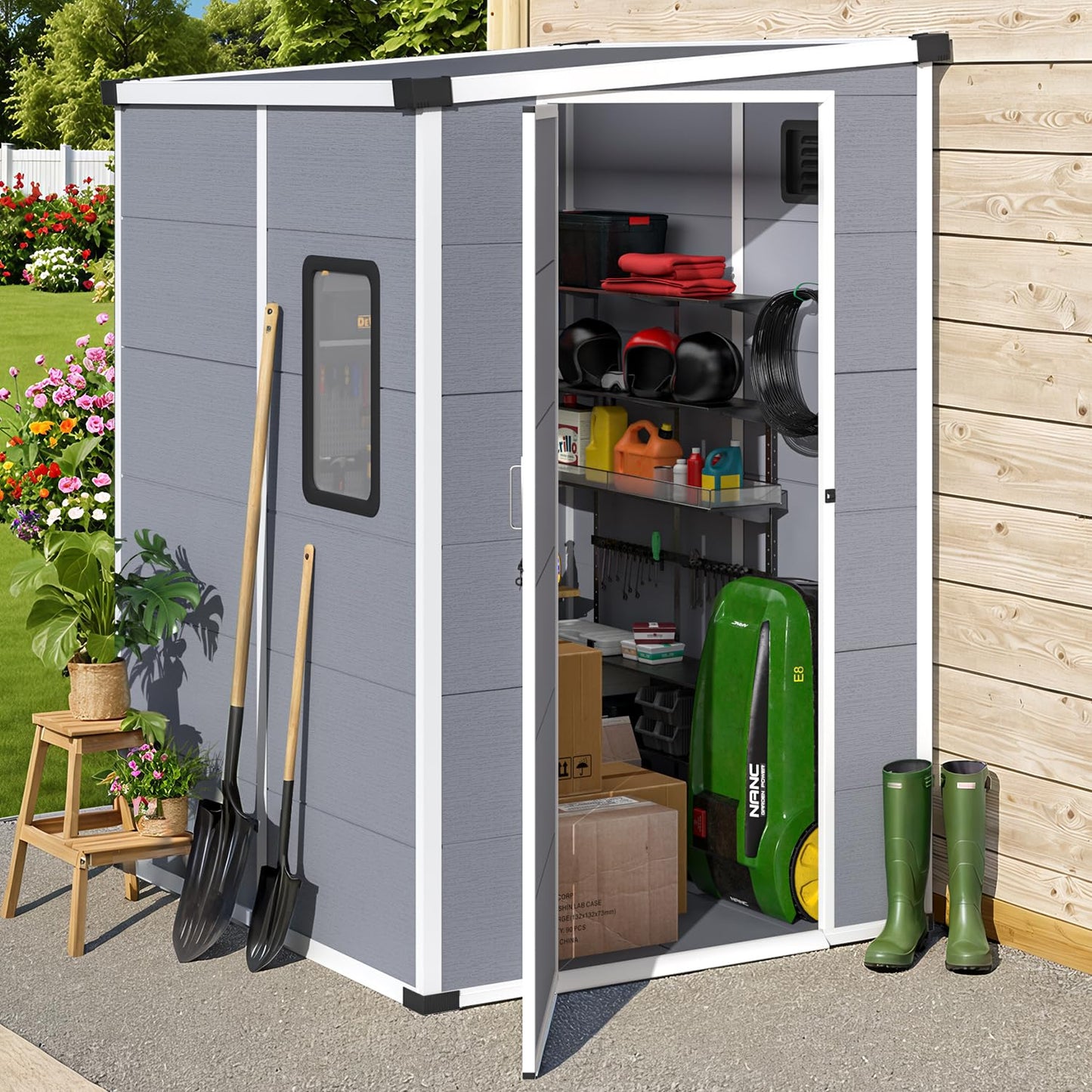 MELLCOM 5 x 4 FT Outdoor Storage Tool Shed with Windows and Lockable Door, Resin Outdoor Storage Shed with Floor, Resin Garden Shed for Garbage Can, Lawnmower, Bike