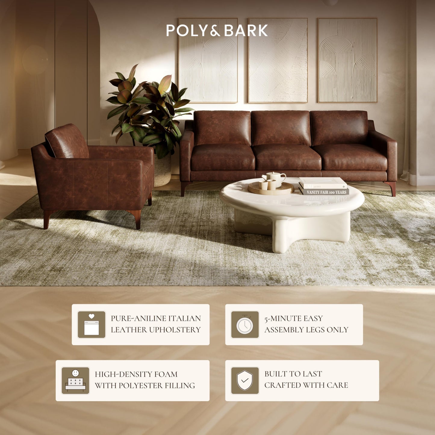 Poly & BARK Sorrento Leather Lounge Chair – Full-Grain Chocolate Brown Leather Upholstery with Feather-Blend Cushions – Modern Upholstered Accent Chair for Bedroom or Living Room – Lounge Seating