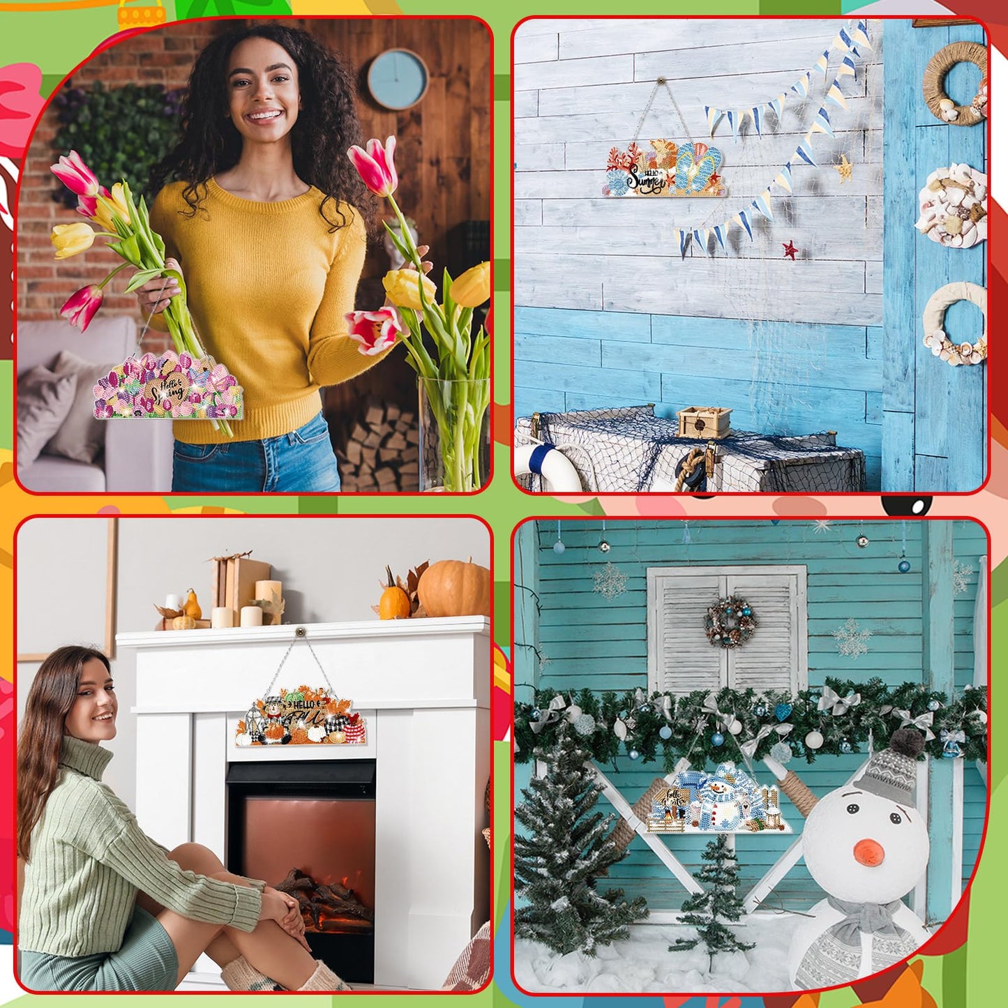 Cinnvoice 12 Pcs Seasonal Diamond Art Wreath Kits Holiday 5d DIY Diamond Painting Signs Germ Hanging Art Ornaments for Wall Door Decorations (Novel)