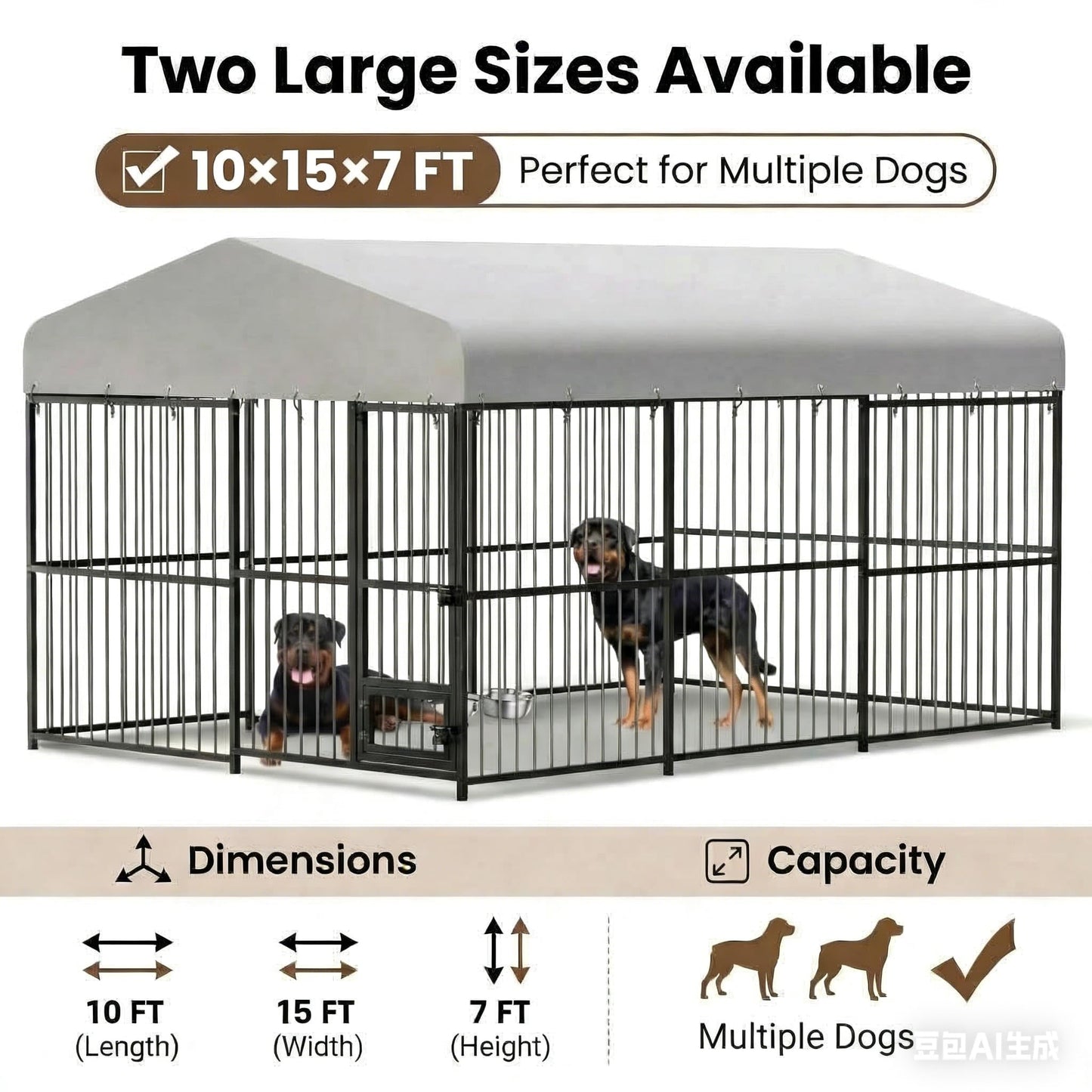 10 x 15 FT Large Outdoor Dog Kennel, Heavy Duty Outside Dog Kennel with Waterproof Cover Roof, Galvanized Metal Frame, Secure Lock, and Included Bowls for Backyard, Park, or Garden