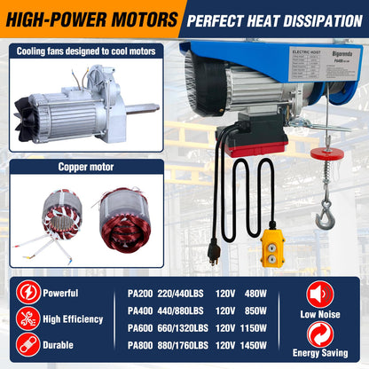 Bigorenda 1760lb Electric Hoist with Remote Control/Wired Control, Electric Hoist 2 in 1, 110v Electric Hoist with Single/Double Slings,65.6/33ft Lifting Height, for Factory Attic Garage Warehouse