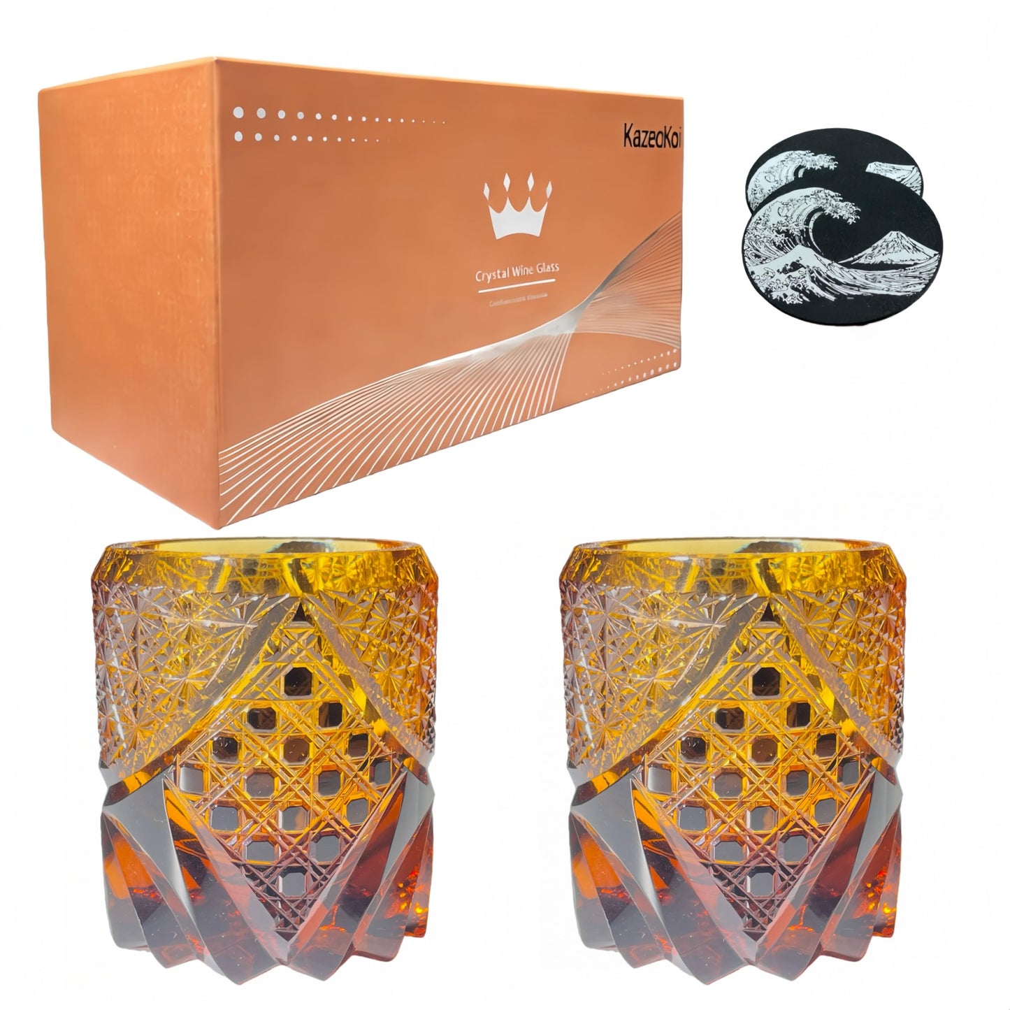 KazeoKoi Kazeako Crystal Whiskey Glasses, Amber Japanese Edo Kiriko Hand Cut Crystal, Vintage Textured Design, Bourbon Cocktail Tumbler, 2 Pack with Gift Box and Coasters (amber)