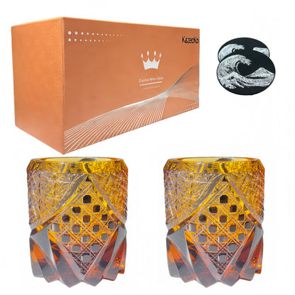 KazeoKoi Kazeako Crystal Whiskey Glasses, Amber Japanese Edo Kiriko Hand Cut Crystal, Vintage Textured Design, Bourbon Cocktail Tumbler, 2 Pack with Gift Box and Coasters (amber)