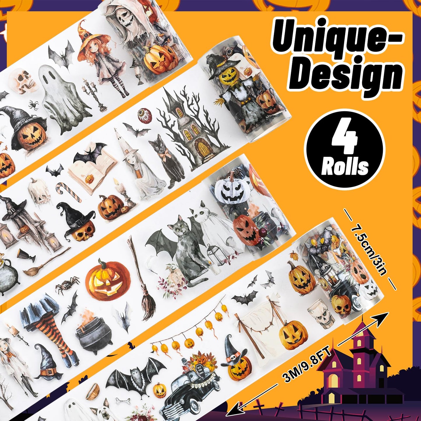 JarThenaAMCS 39.2 Ft Halloween PET Washi Tape 4 Rolls Pumpkin Ghost Witch Bats Transparent Adhesive Masking Tape for Cut & Use as Halloween Stickers Scrapbook Journal DIY Crafts Wrapping