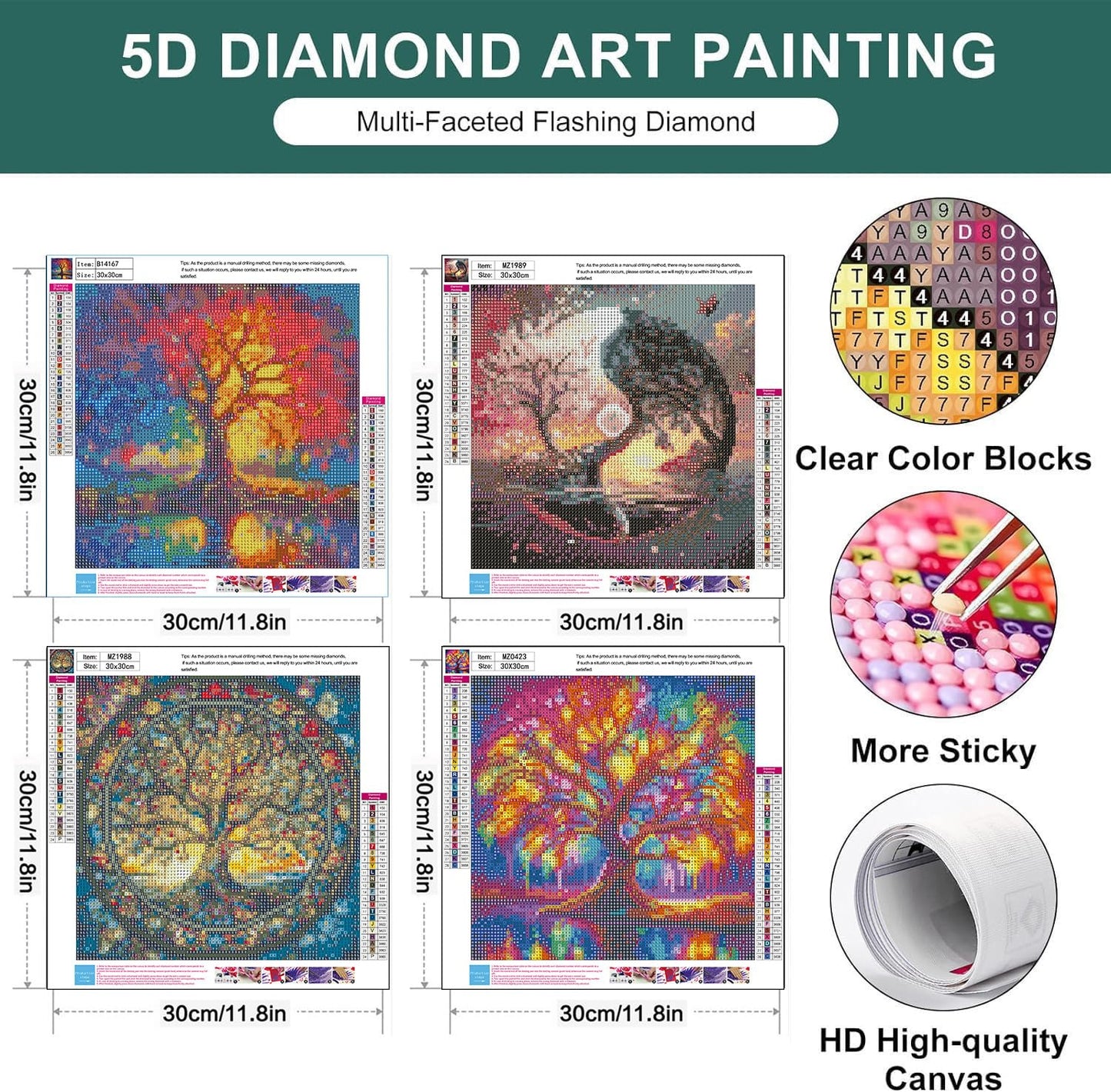 mrpwnle 4 Pack Tree of Life Diamond Art Kits for Adults - Tree of Life Diamond Painting Kits for Adults Beginners, 5D Round Full Drill Diamond Art Dots Gem Art Kit for Home Wall Decor 12x12in