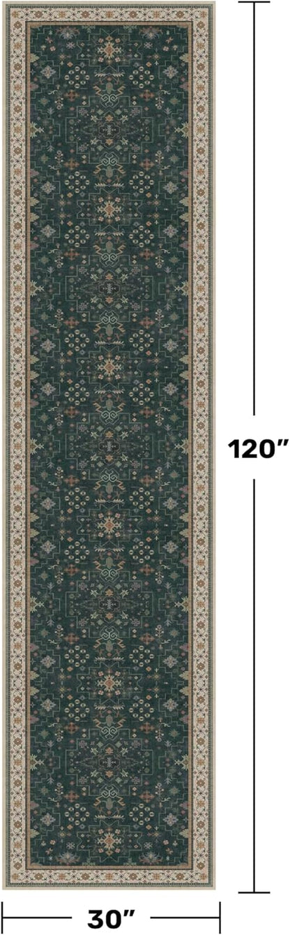 Regine Switzerland Dark Green Washable Runner Rug - 2'6"x10' Non-Skid Indoor Carpet for Hallway & Entryway