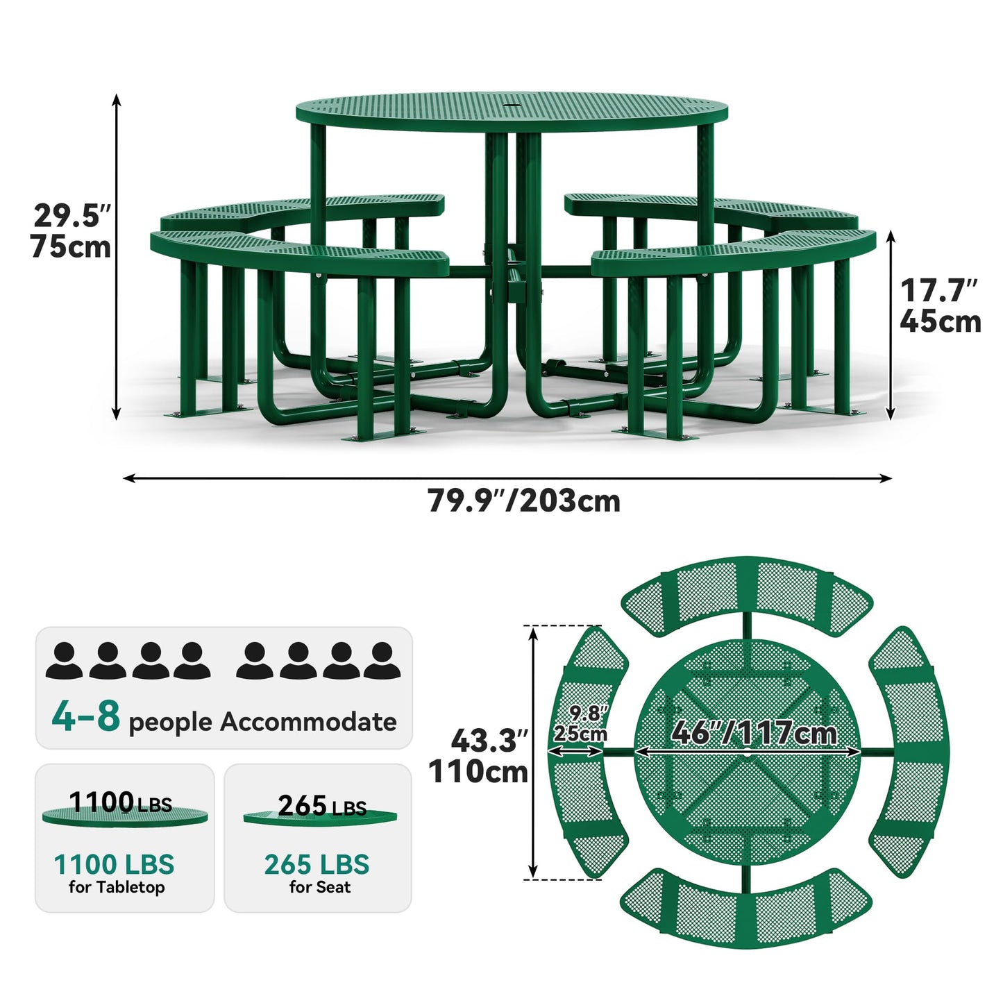 YITAHOME Coated Steel Picnic Table, 46" Heavy Duty Outdoor Picnic Table w/Sturdy Steel Frame & Umbrella Hole for Yard Patio Lawn Party, Round, Green