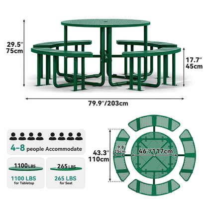 YITAHOME Coated Steel Picnic Table, 46" Heavy Duty Outdoor Picnic Table w/Sturdy Steel Frame & Umbrella Hole for Yard Patio Lawn Party, Round, Green