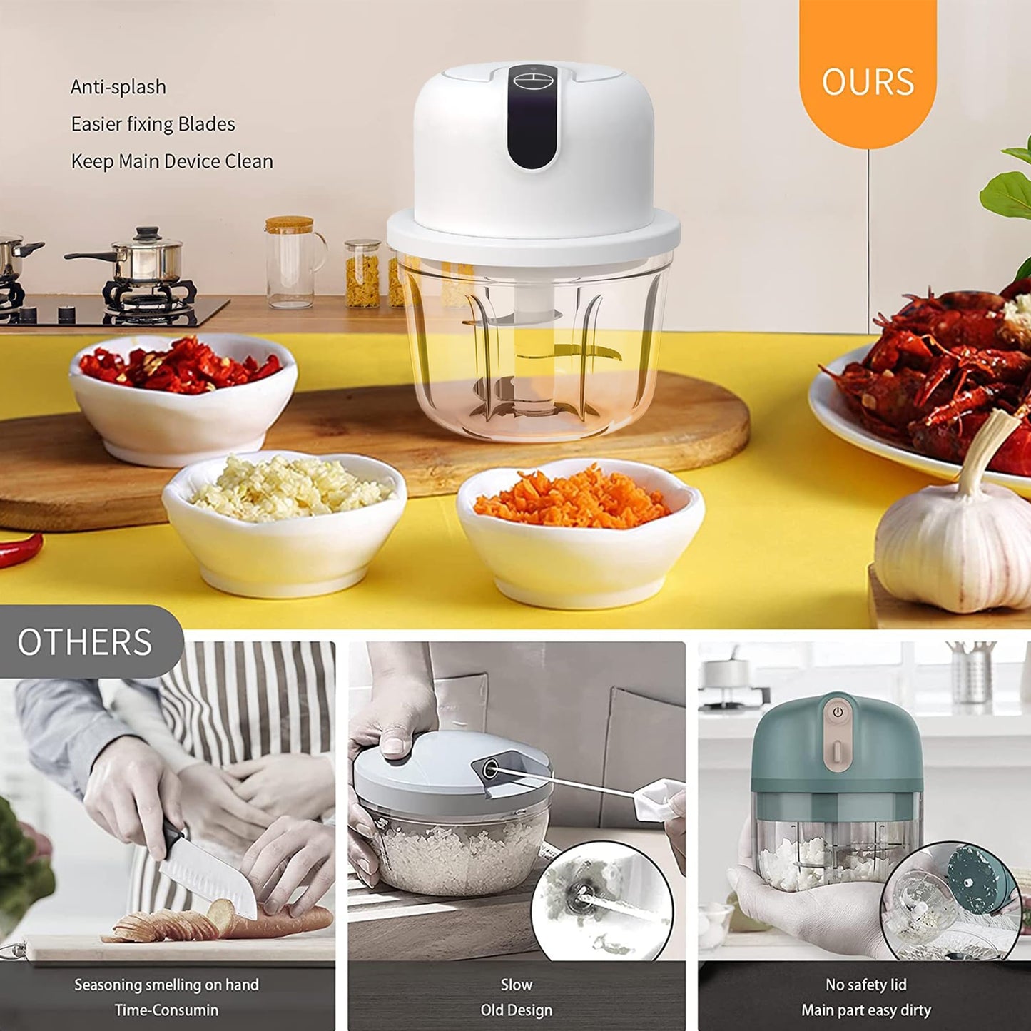 White 3 CUP Electric mini garlic crusher, USB rechargeable portable electric food crusher, wireless small kitchen processor for crushing garlic, ginger, chili, minced meat, onions, etc.(350+250+100ml)