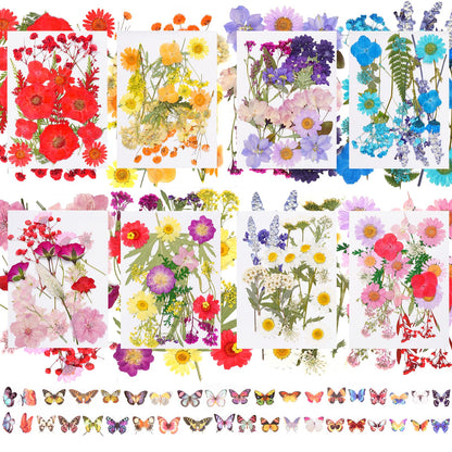 Dfqsofd 228Pcs Pressed Dried Flowers with Butterfly Stickers for Crafts, Natural Real Dried Pressed Flowers for DIY Art Butterfly Stickers Tweezers for Candle Soap Making, Scrapbook