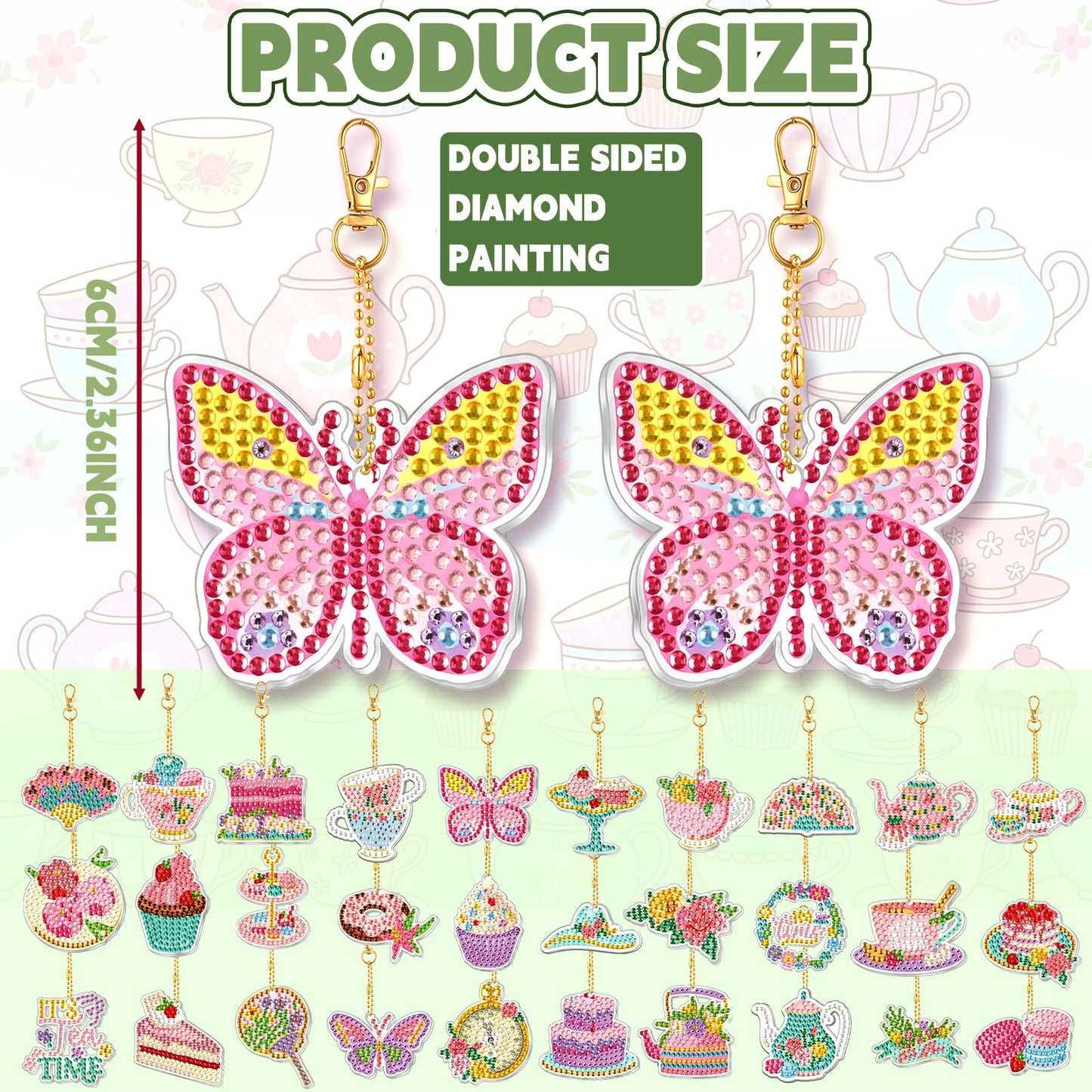 Huquary 30 Pcs Diamond Painting Keychains Tea Party Diamond Art Sets for Adult, Double Sided 5d Diamonds Hanging Keychains for Adult Beginner DIY Crafts Party Gift