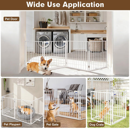 104" Extra Wide Dog Gate, Heavy Duty Metal Freestanding Dog Gate with Door for Indoor & Outdoor, Foldable Pet Fence for Doorways,House,Porch,Deck,Yard,Stairs, Auto Close(4 Panels,White)