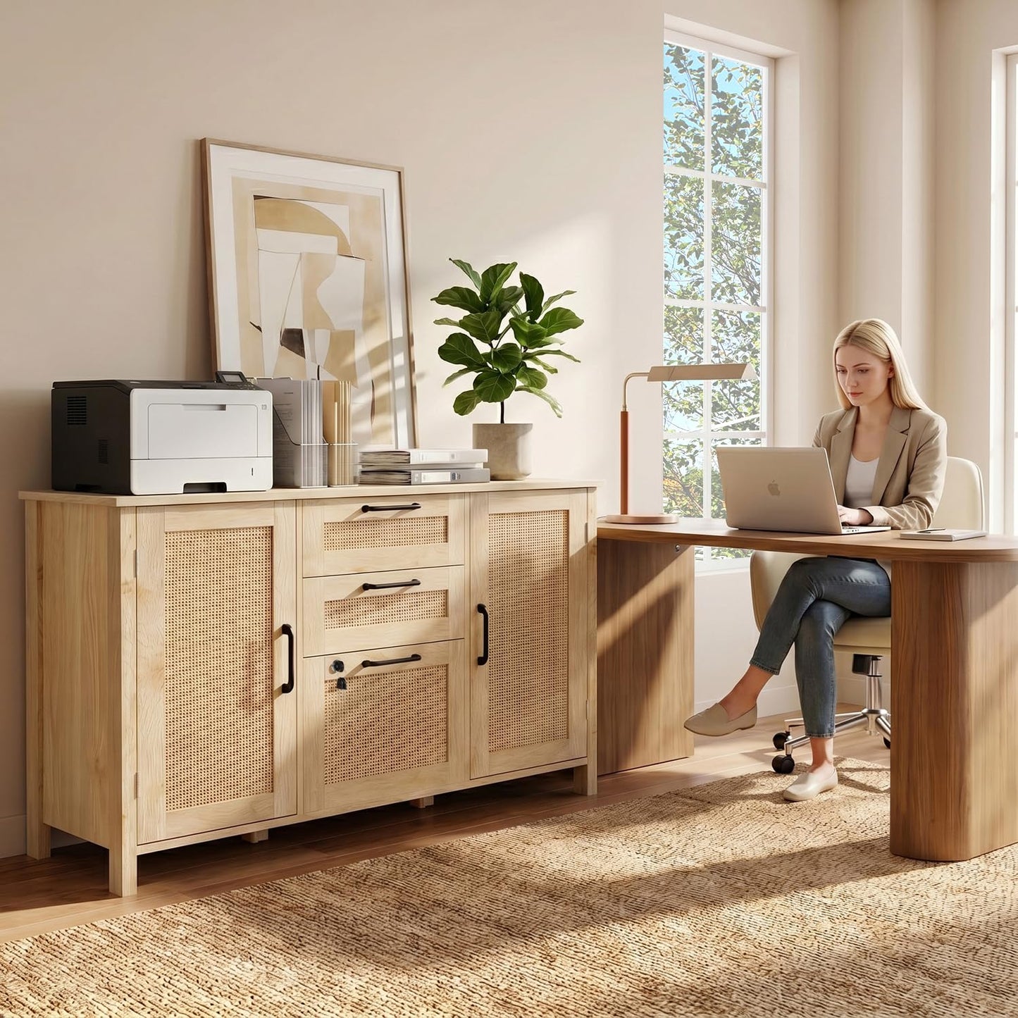 HOPUBUY 3 Drawers and 2 Doors File Cabinets with Lock, Wood Lateral Filing Cabinet with Adjustable Feet & Shelves, Large Capacity Home Office Storage Cabinet, Printer Stand for Hanging Files, Natural