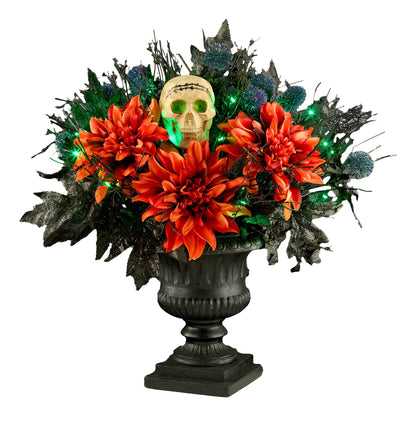 National Tree Company, 20inch Artificial Boo-Tiful Halloween Urn with Orange Florals and White Skull, 30 Green LED Lights,