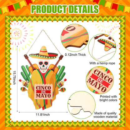 Menkxi 1 Pcs Cinco De Mayo Door Sign Decoration Mexican Skeleton Front Door Welcome Hanger Wreath Wooden Hanging Signs for Cinco De Mayo Party Supplies(Mexican Theme)