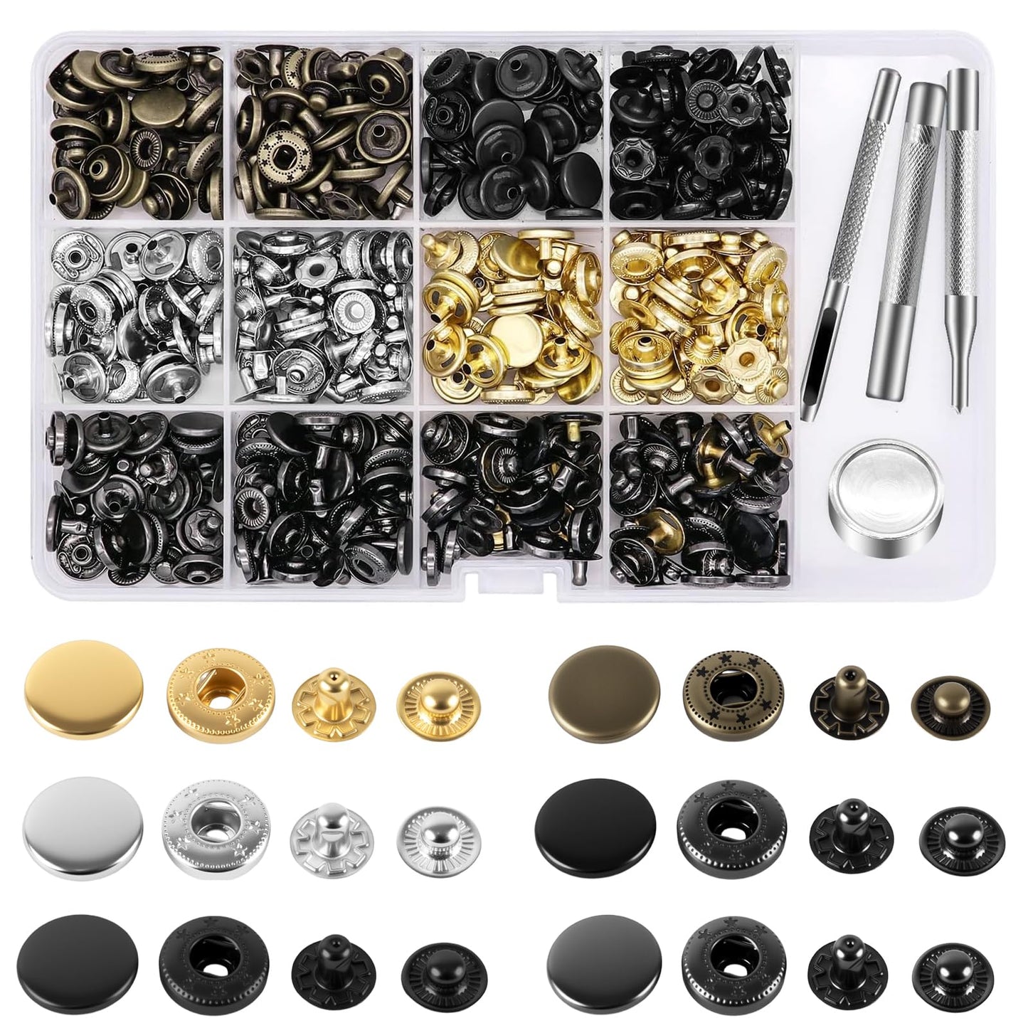 Alritz 120 Set Leather Snap Fasteners Kit, 12.5mm Metal Button Snaps Press Studs with 4 Setter Tools, 6 Colors Leather Snaps for Clothes, Jackets, Jeans Wears, Bracelets, Bags