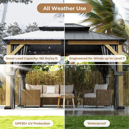 Jocoevol 10' X 12' Wood Gazebo Hardtop Outdoor Permanent Pavilion with Double Galvanized Steel Roof, Curtains and Netting, Snow Support, Wind Resistance, for Backyard Garden, Lawns, Patio