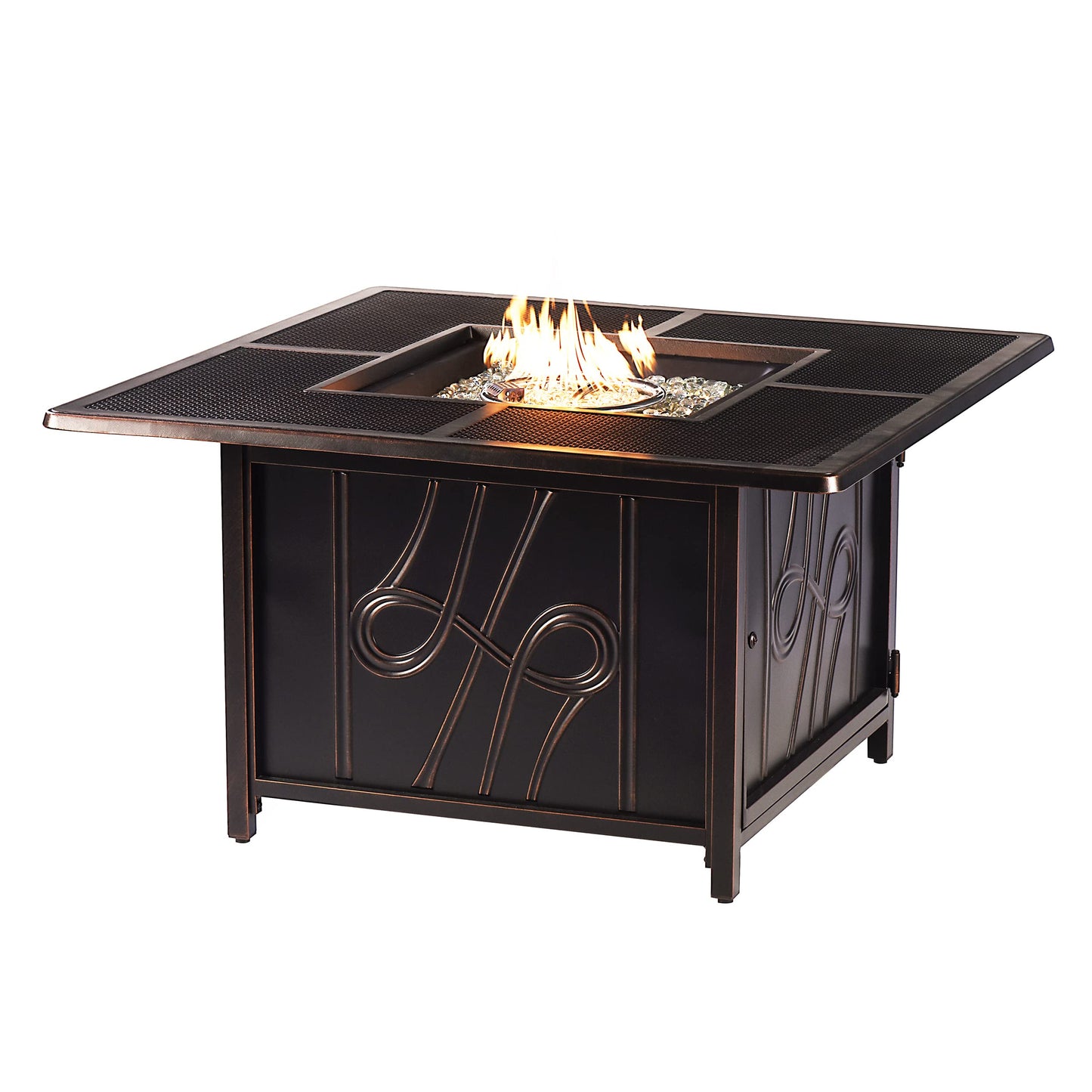 Oakland Living Aluminum 57,0000 BTU 42 in. Square Propane Black Fire Pit Table with Fire Beads, Lid, Propane Tank Cover and Table Fabric Covers in Copper Finish,AZREGIS-FPT-AC