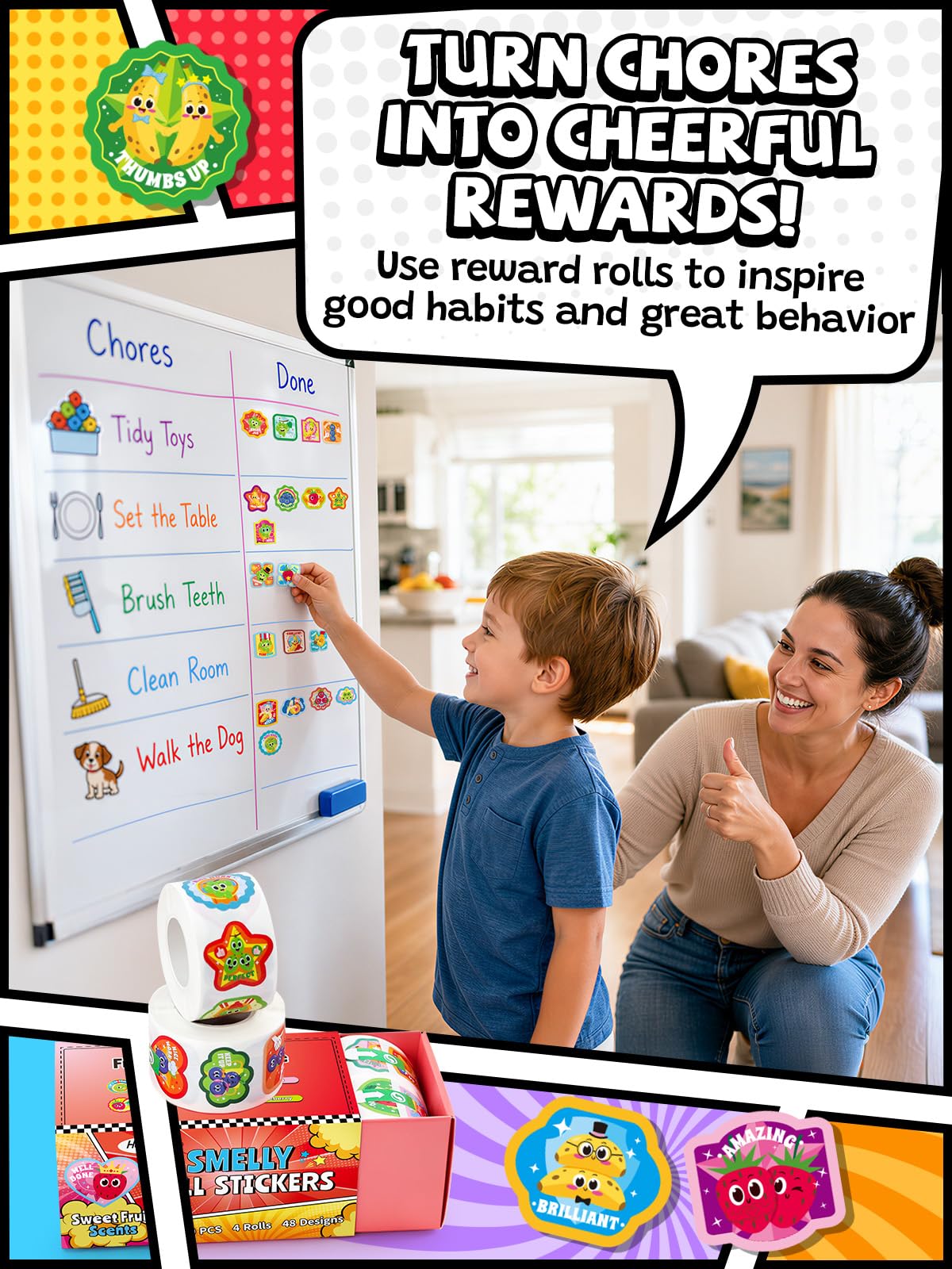 HORIECHALY Scratch and Sniff Reward Stickers for Kids, 4 Rolls 1200 PCS 4 Scent Smelly Stickers Fruit Theme, Positive Reward for Classroom, Teacher, Students