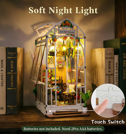 Fimeetoy Book Nook Kit for Adults, Miniature House Kit Doll House DIY Crafts for Adult Teen, Tiny House Bookshelf Decor with LED Light, 3D Puzzle Book Ends Garden House Birthday Gift for Women Friends