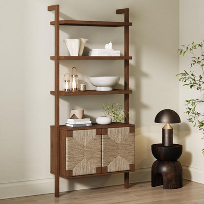 Nathan James Beacon 3-Shelf Bookcase with Seagrass Cabinet, Solid Wood Bookshelf with Storage with Solid Wood Frame, Seagrass/Dark Brown