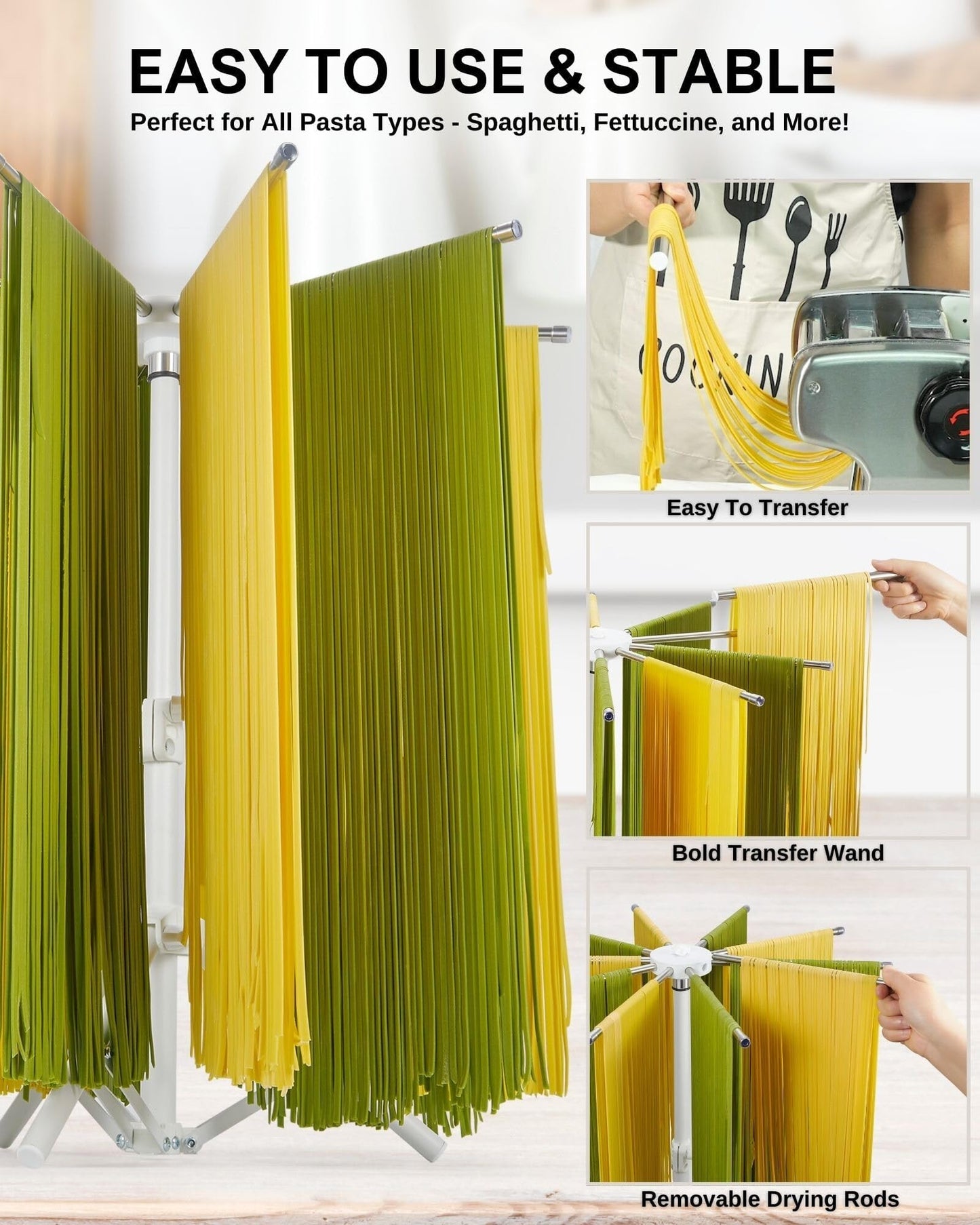 MUMSUNG Pasta Drying Rack Collapsible, 360° Rotating, Adjustable Height(14.5"-23.6"), 304 Stainless Steels Arm, Large Noodle Dryer Foldable with Ravioli Wheel for Homemade Fresh Pasta Spaghetti
