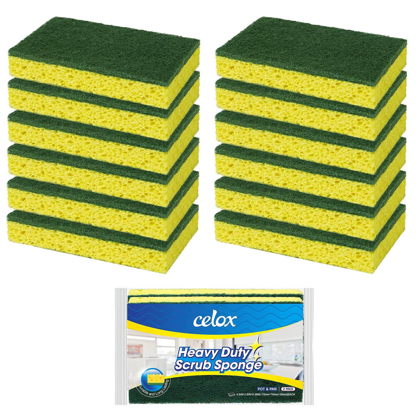 CELOX Sponges Kitchen Sponges for Dishes and Cleaning, 2-Sided Scrub Sponges Dish Sponge and Kitchen Sponge for Washing Dishes, Heavy Duty, Non-Scratch, Sinks, Household Use, Green and Yellow, 12-Pack