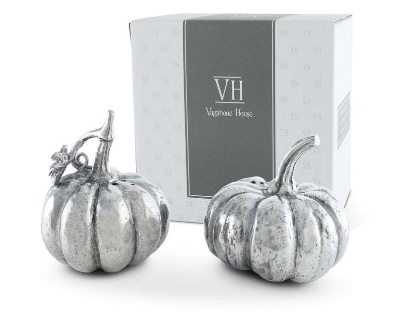 Vagabond House Pewter Harvest Pumpkin Salt and Pepper Metal Shaker Set Thanksgiving Fall Tableware S/P Shaker 2.25 inch Tall