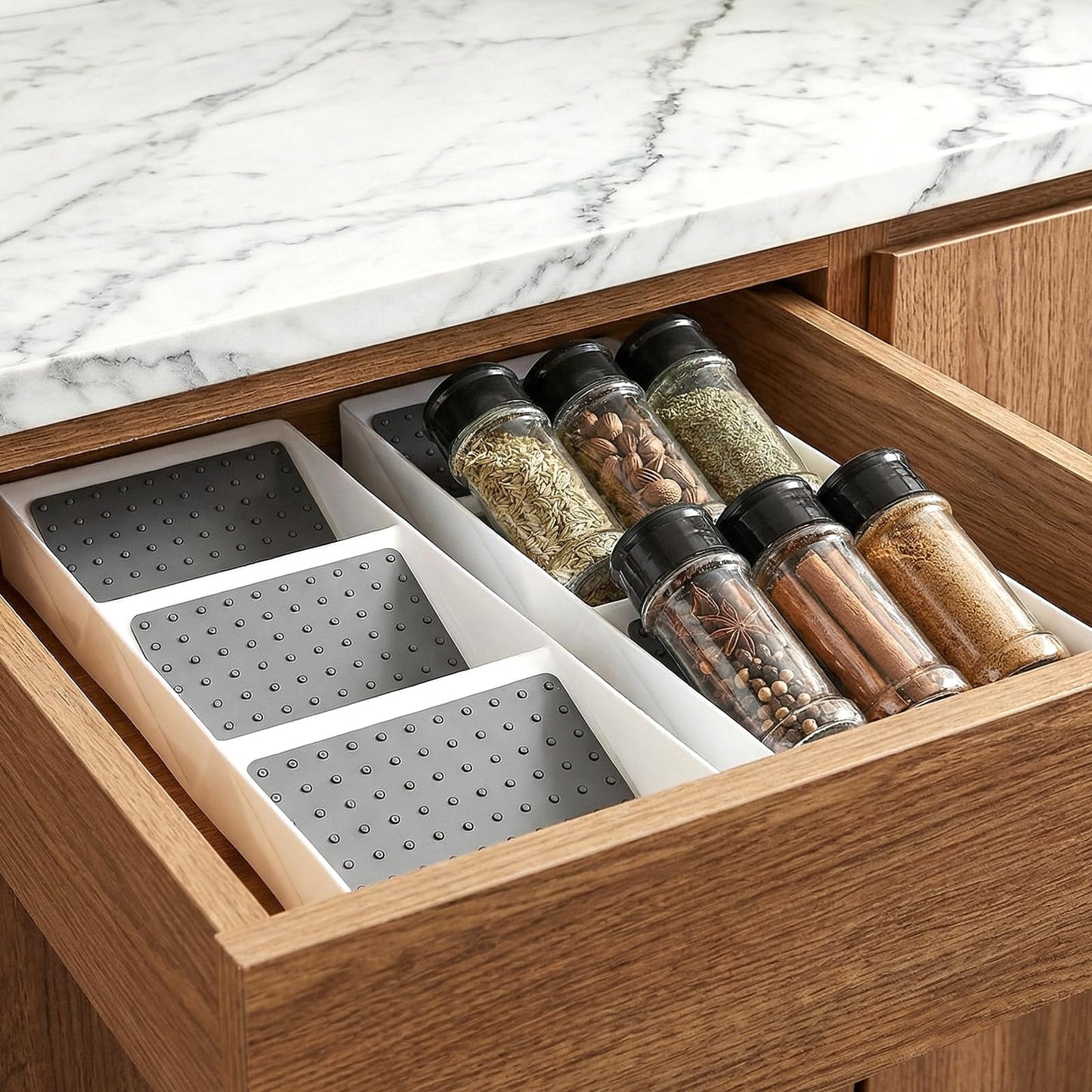2 Pcs Spice Drawer Organizer, 3 Tier Non-Slip Silicone Seasoning Jars Drawer Insert, Spice Rack Organization for Cabinet, Making up Organizer, Bottle Rack,Bottles Holder,Spice Bottle Organizer