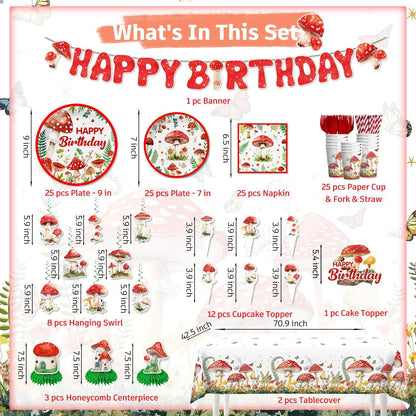 185Pcs Set, 25 cocomigo Mushroom Birthday Decorations Tableware Mushroom Birthday Decorations with Plates Napkins Cups