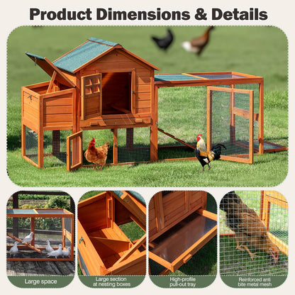 Large Wooden Chicken Coop for 4-6 Chickens, Secure Outdoor Hen House with Enclosed Run, Weather-Resistant Roof, Easy-Clean Slide-Out Tray & Nesting Boxes (Includes 2 Training Eggs)