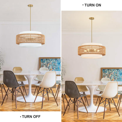 6-Light Boho Rattan Chandelier, 25.6" Large Rattan Pendant Light with Fabric Shade, Farmhouse Hand Woven Chandelier Hanging Ceiling Light for Dining Room, Living Room, Kitchen Island, Foyer, Hallway