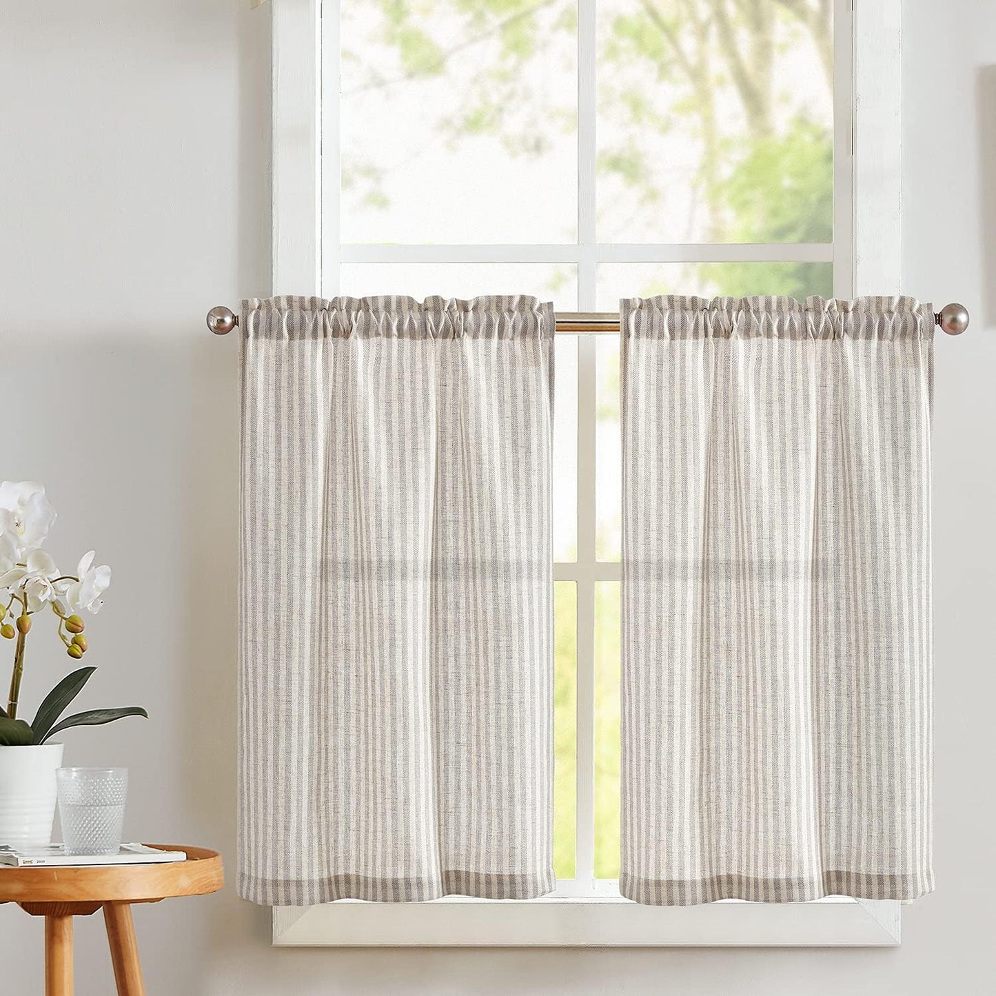 24 Inch 2 Vangao Stripe Farmhouse Kitchen Curtains Length Linen Cafe Curtains Tickingstripe Tier Drapes Pinstripe