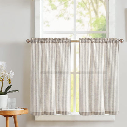 24 Inch 2 Vangao Stripe Farmhouse Kitchen Curtains Length Linen Cafe Curtains Tickingstripe Tier Drapes Pinstripe
