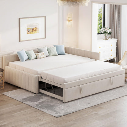 Full Size Upholstered Daybed with Pop up Trundle Bed,Velvet Day Bed Frame with L-Shaped Backrest,Pop up Trundle Full Size,Tufted Sofa Bed for Bedroom,Living Room,Guest,Beige