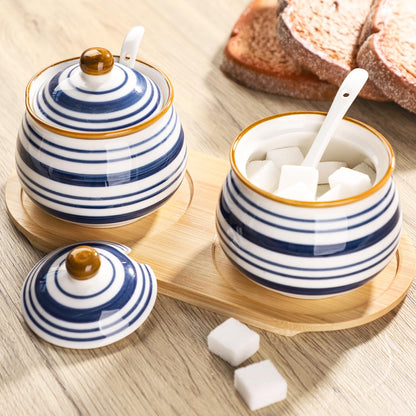 Sailench Sugar Bowl Set of 2,Ceramic Sugar Bowl with Lids and Spoon & Wooden Tray,Sugar Jars for Coffee Bars and Home Kitchens(2, Large)