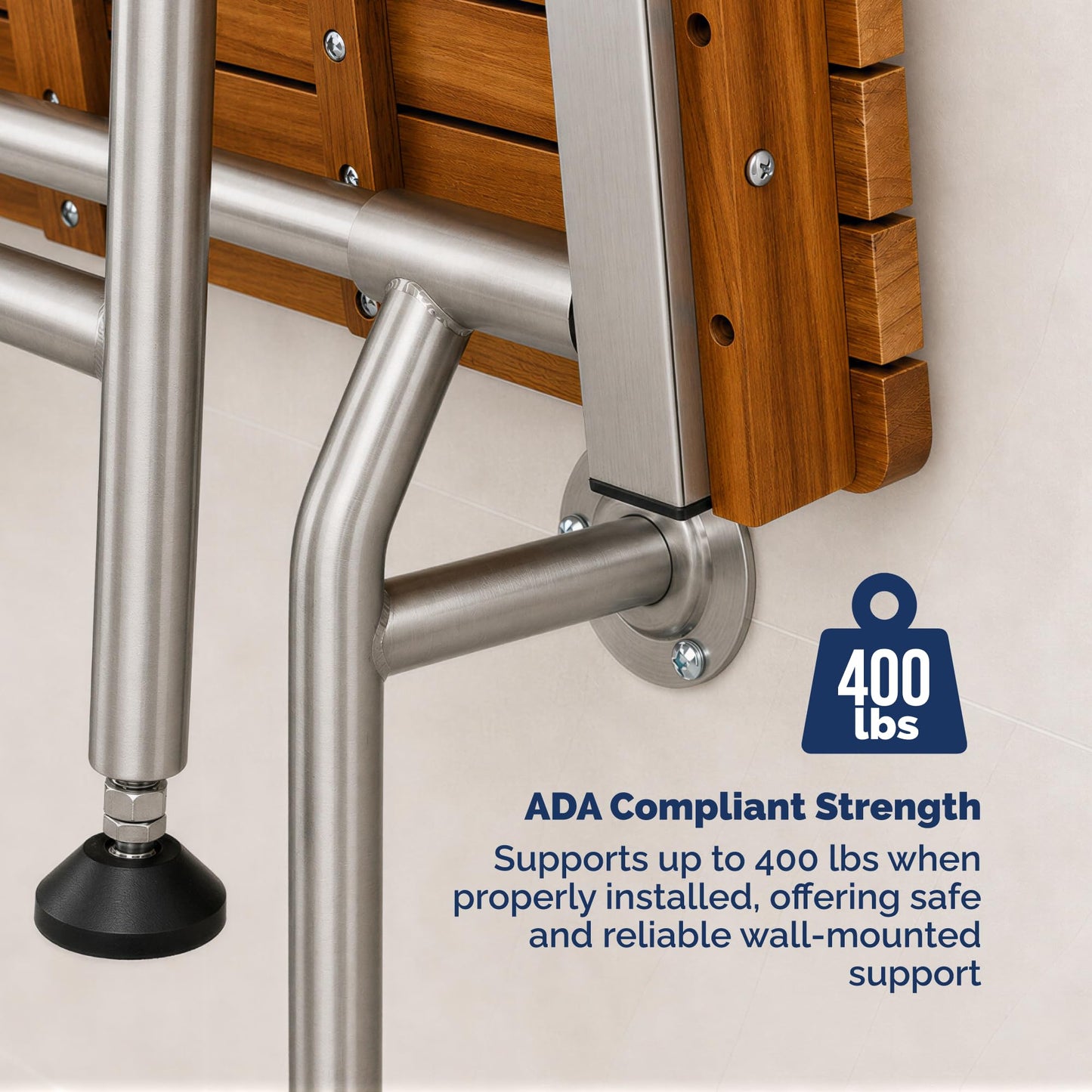Teak Shower Seat Bench with Drop Down Legs – ADA Compliant Folding Teak Shower Bench, Wall Mounted Fold Up Bath Seat, 400 lb Capacity, Waterproof Teak Wood (24 Inches)